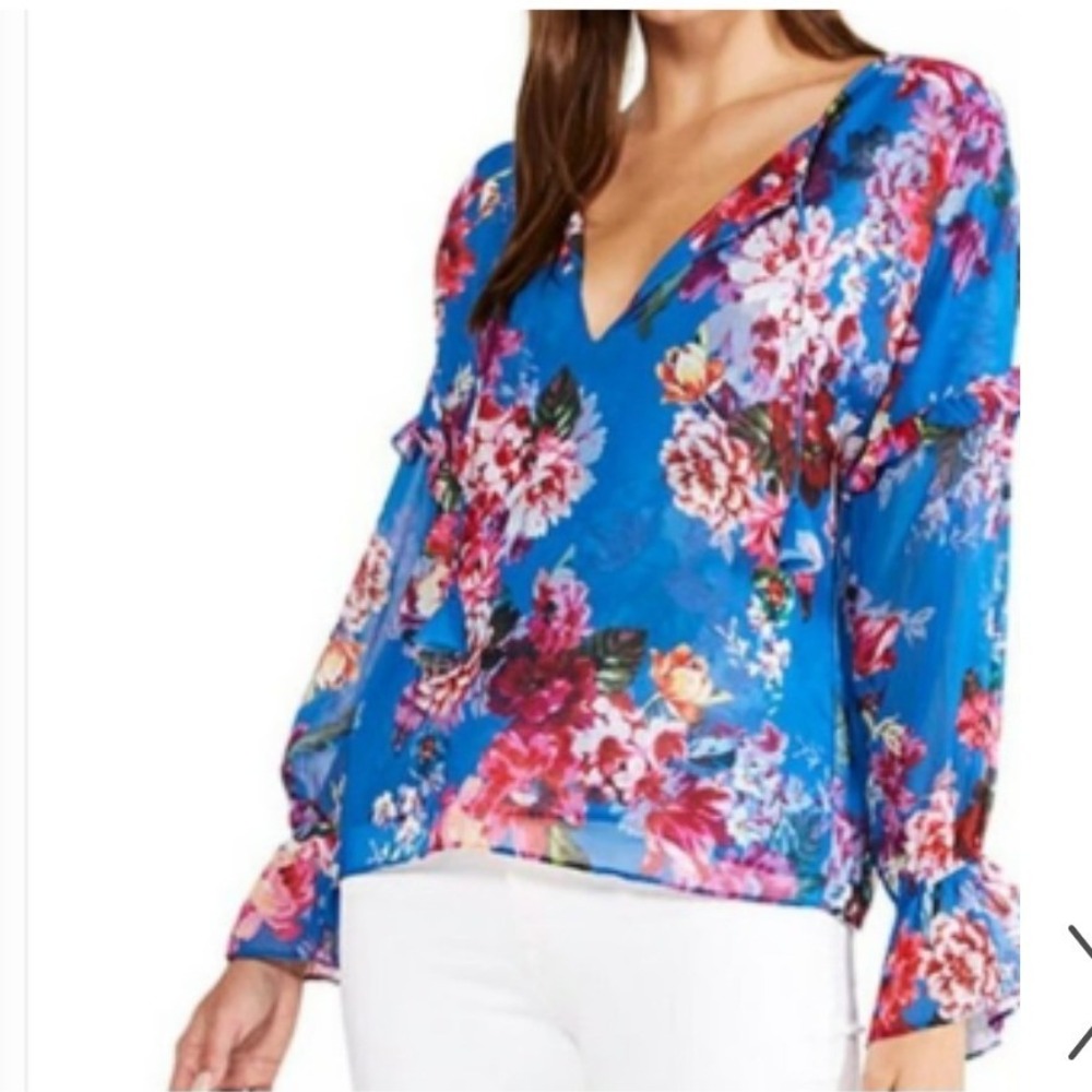 Elie Tahari Blouse Women Size M Blue Excellent Floral Ruffle Chiffon Tie Neck